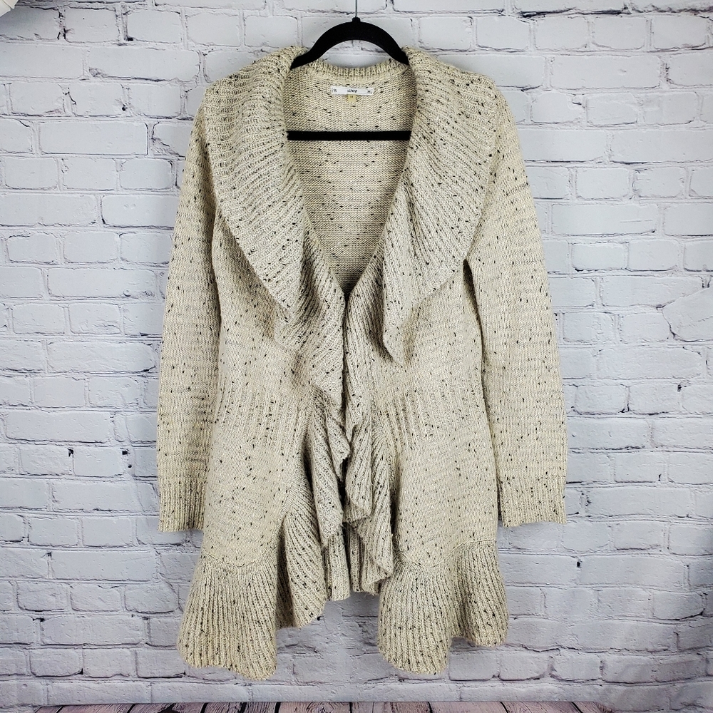 Anthropologie Sioni Beige Ruffle Long Cardigan Sweater Woman's Size Medium